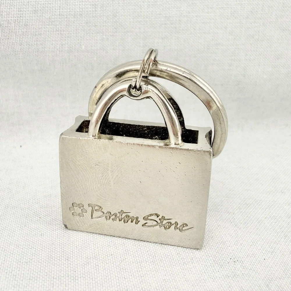 Vintage Boston Store Shopping Bag Keychain Silver Tone Metal Bag Figural Keyring